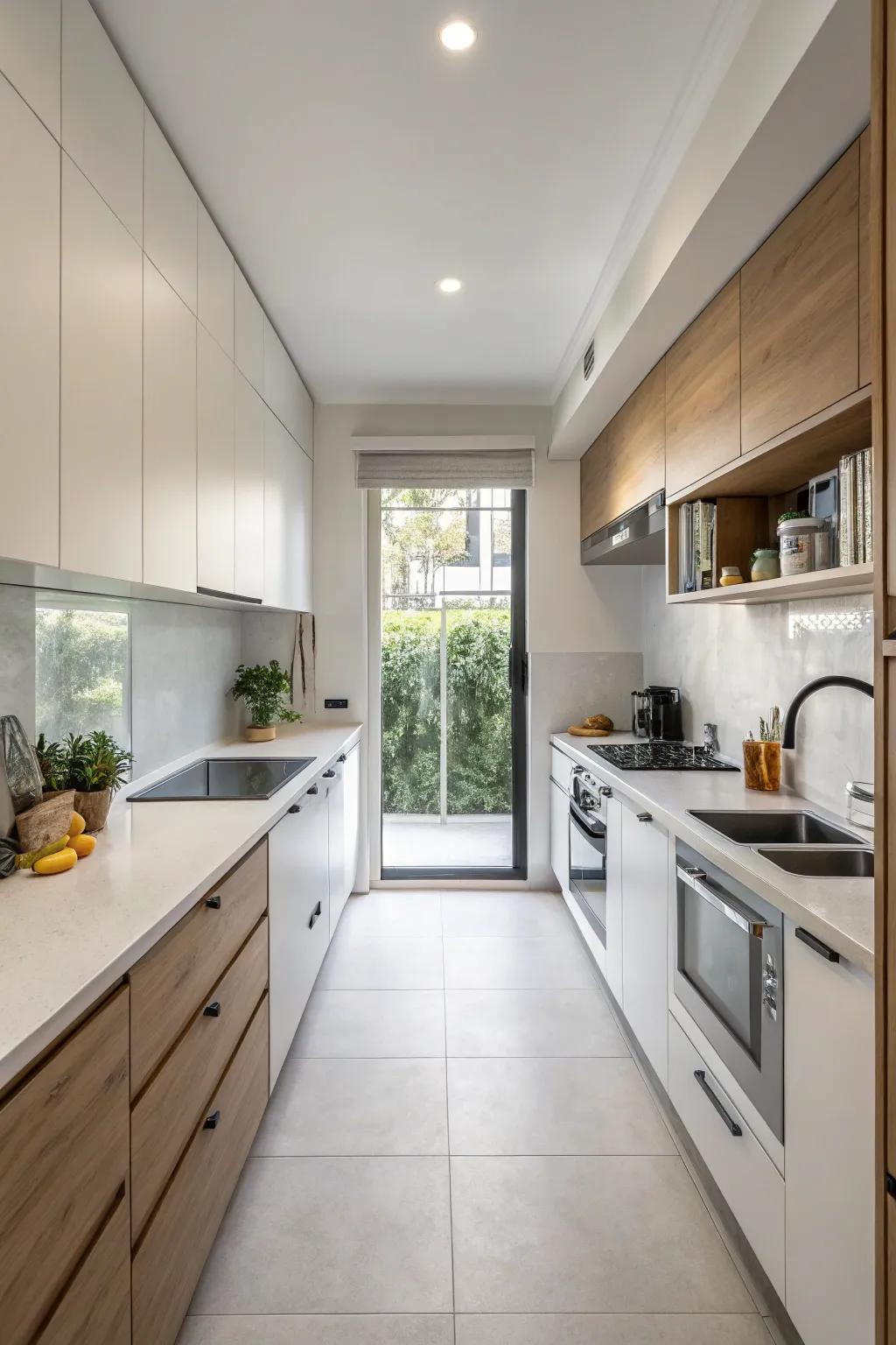 Simple aesthetics bring simplicity and sophistication to a compact cooking area.