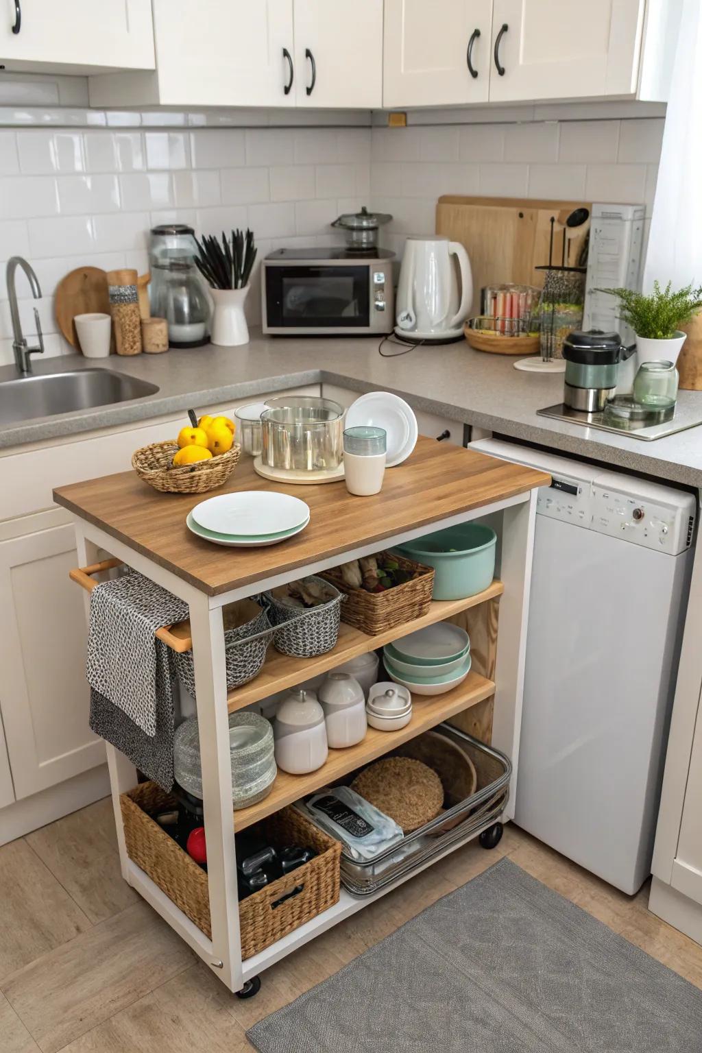A collapsible table with hidden storage solutions.