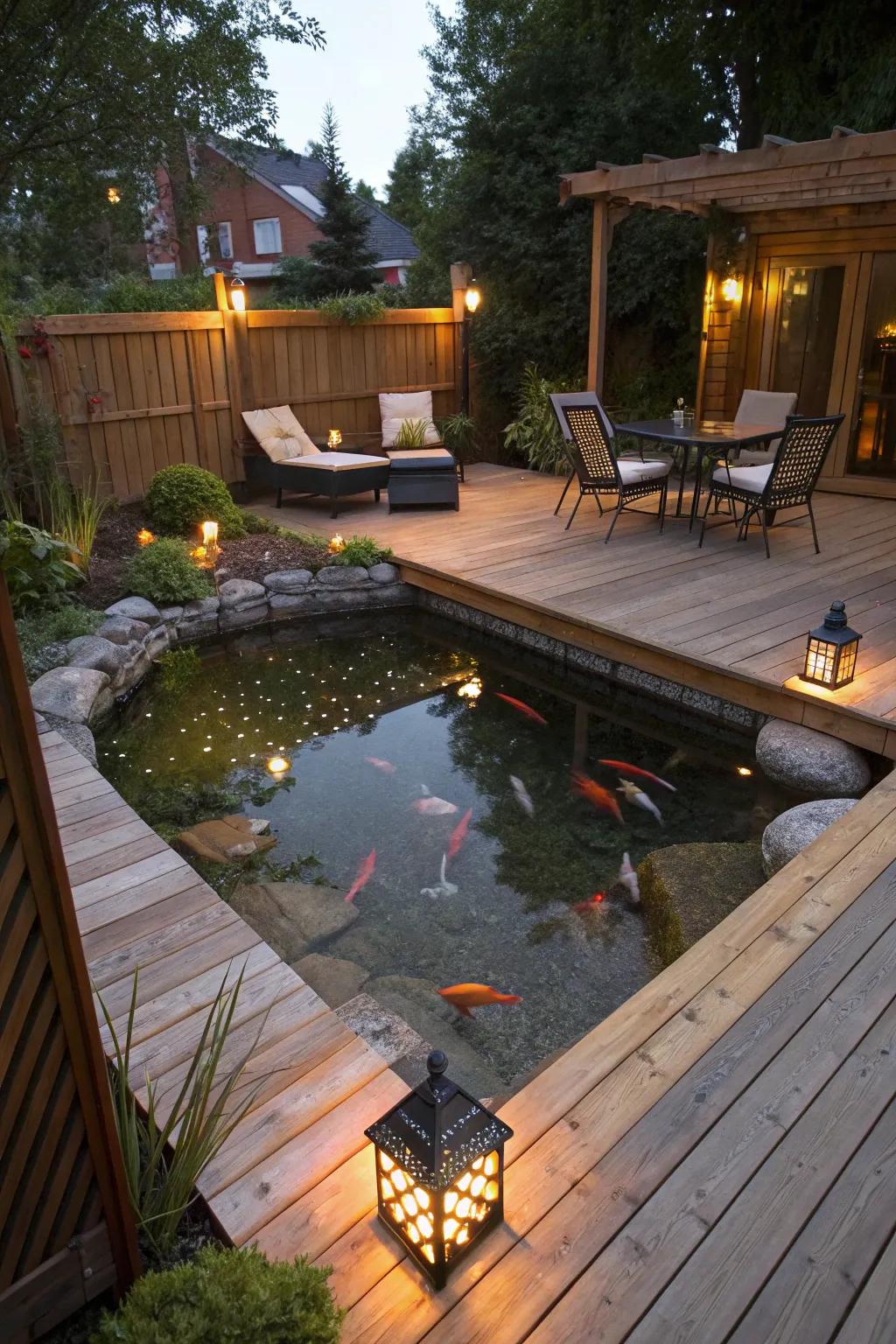 A comfortable patio koi pond that's great for relaxing in the evening.