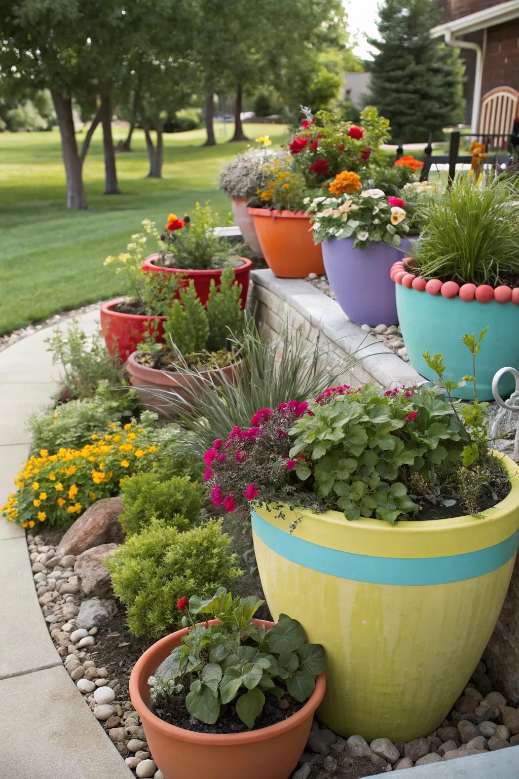Potted plants bring color and flexibility to small outdoor areas.