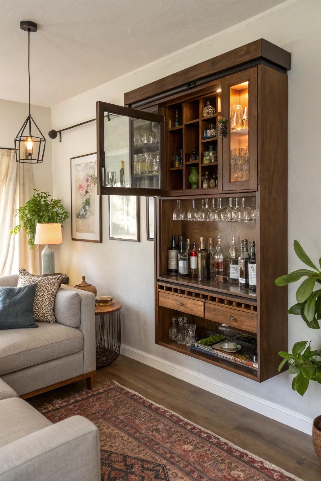 A hanging display case offers a sleek, contemporary look.