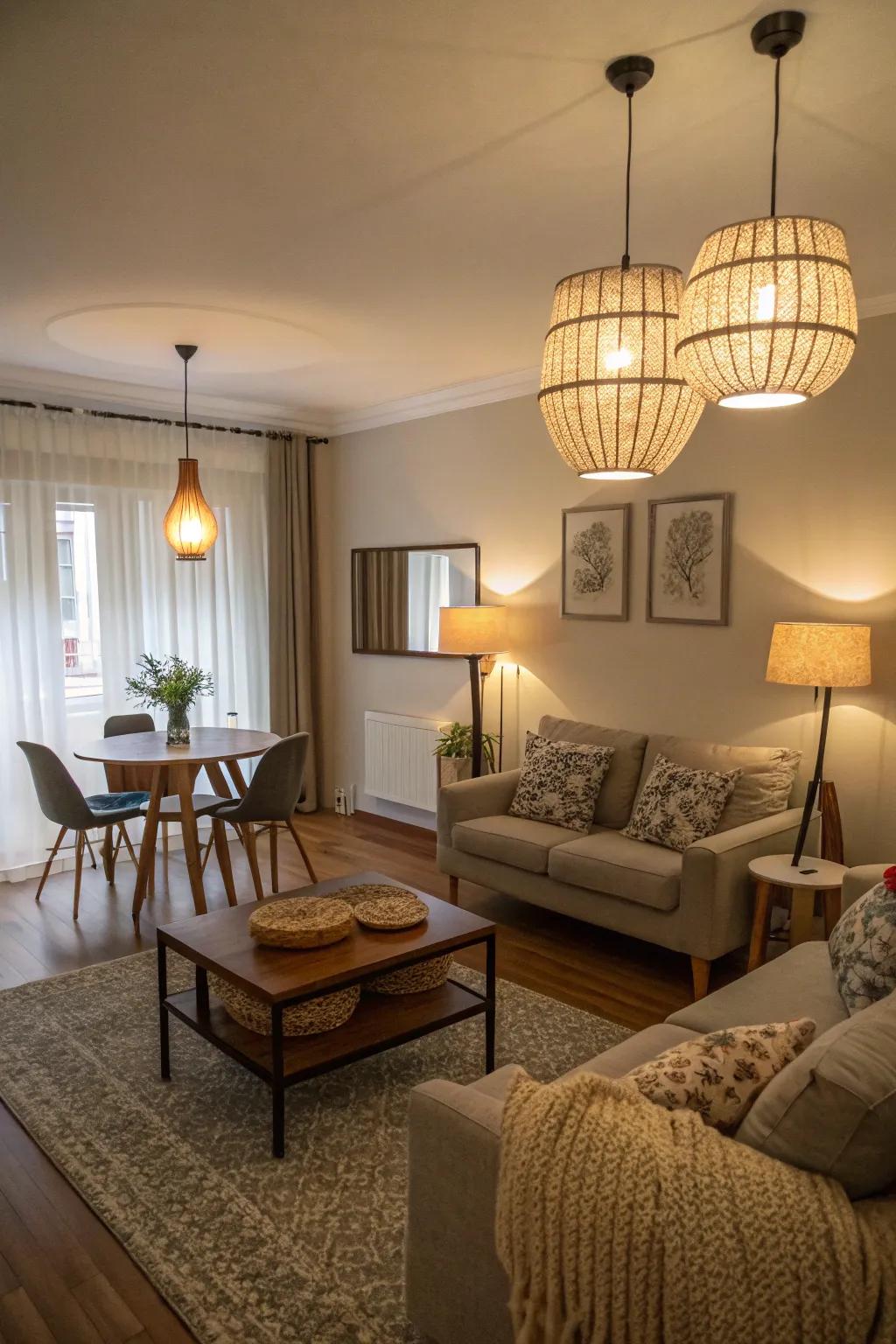 Layered illumination enhancing the ambiance of a small combined space.