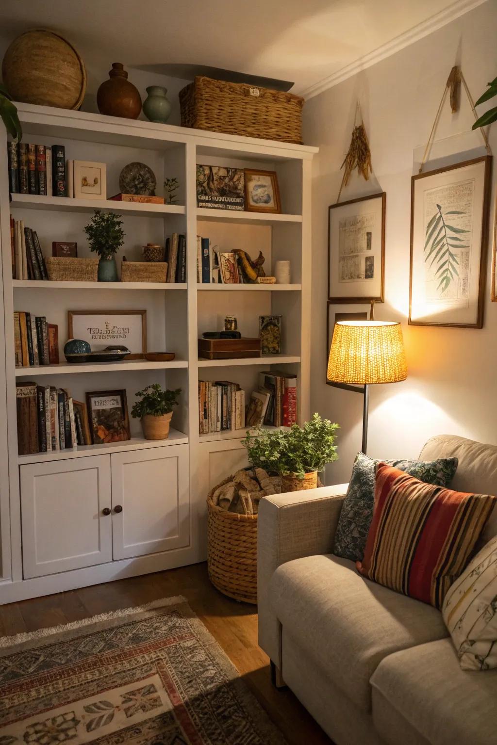 Open shelves provide dual-purpose storage and display solutions.