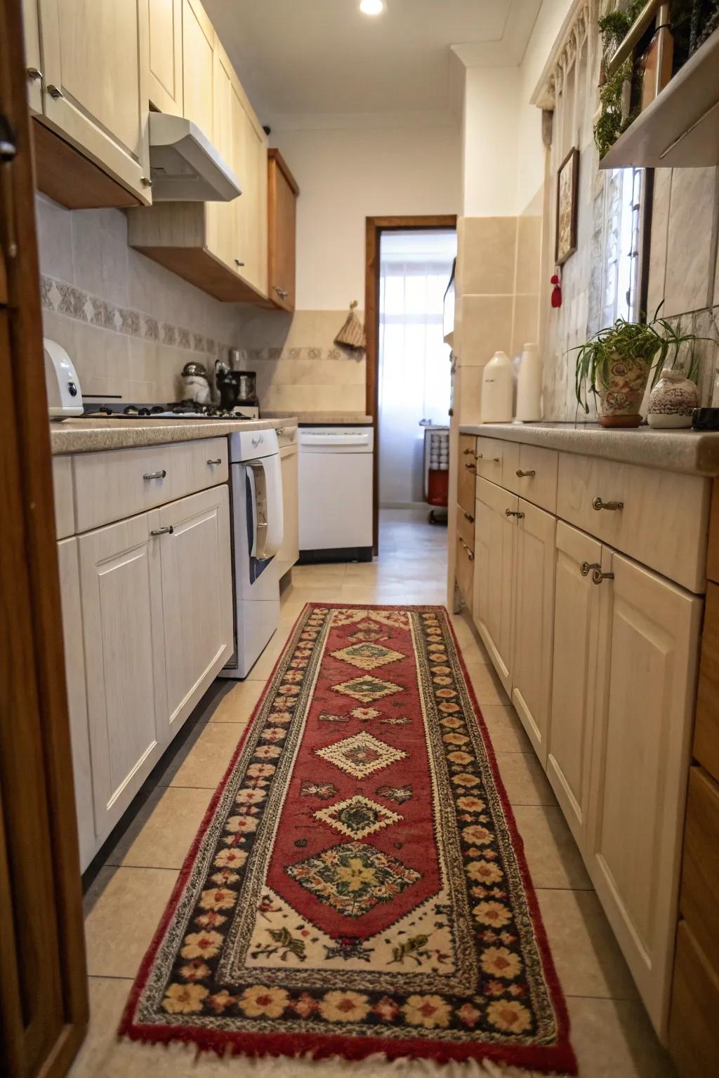 A vibrant hallway rug infuses charm and individuality into this kitchen.