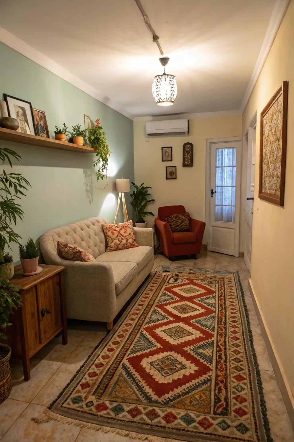 Rugs add warmth and define spaces in your living room.