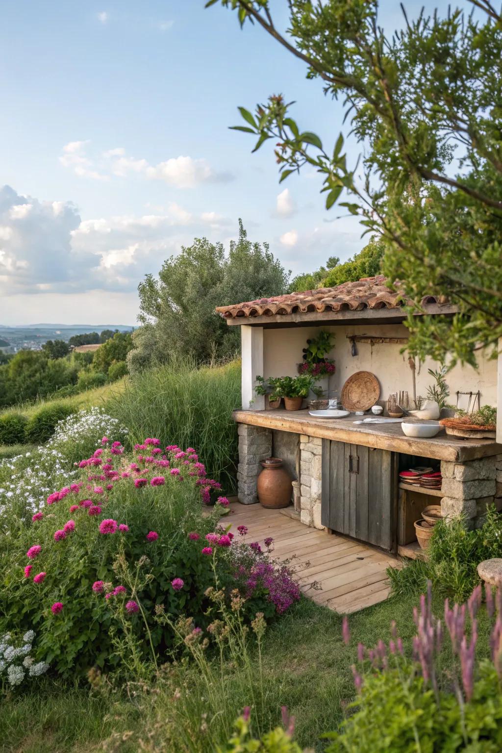 Greenery enhances the natural appeal of an outdoor kitchen.