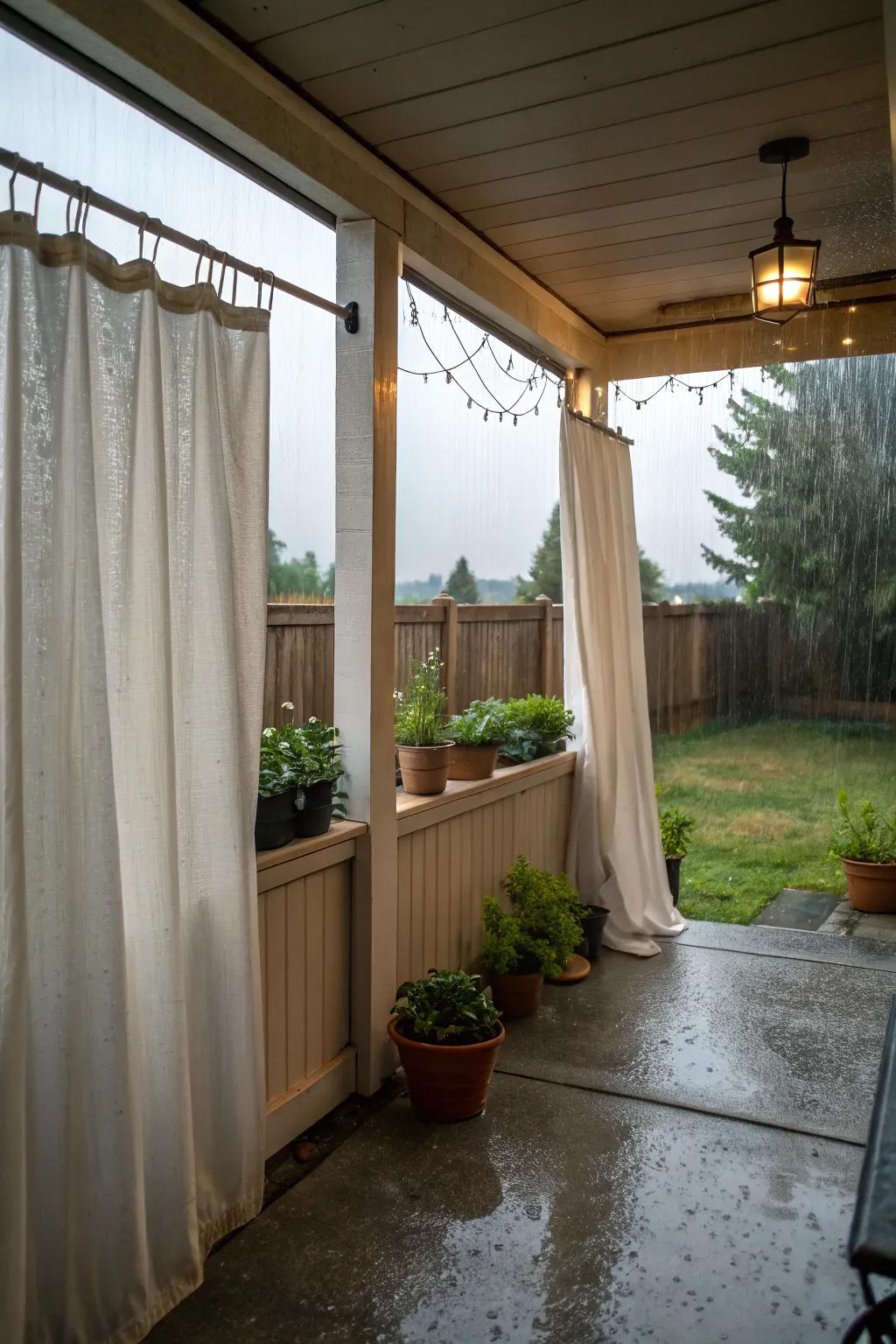 All-weather curtains remain resilient against the forces of nature.
