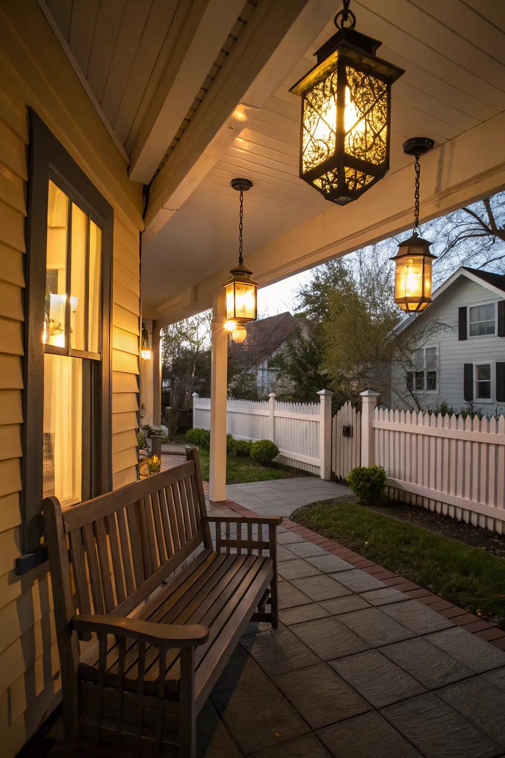 Lanterns imbue warmth and charm, enriching your evening porch experience.