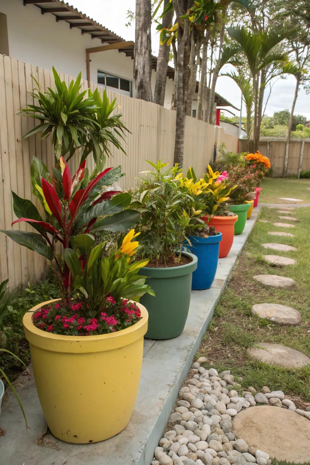 Vibrant vessels inject a surge of tropical charm into a small garden.