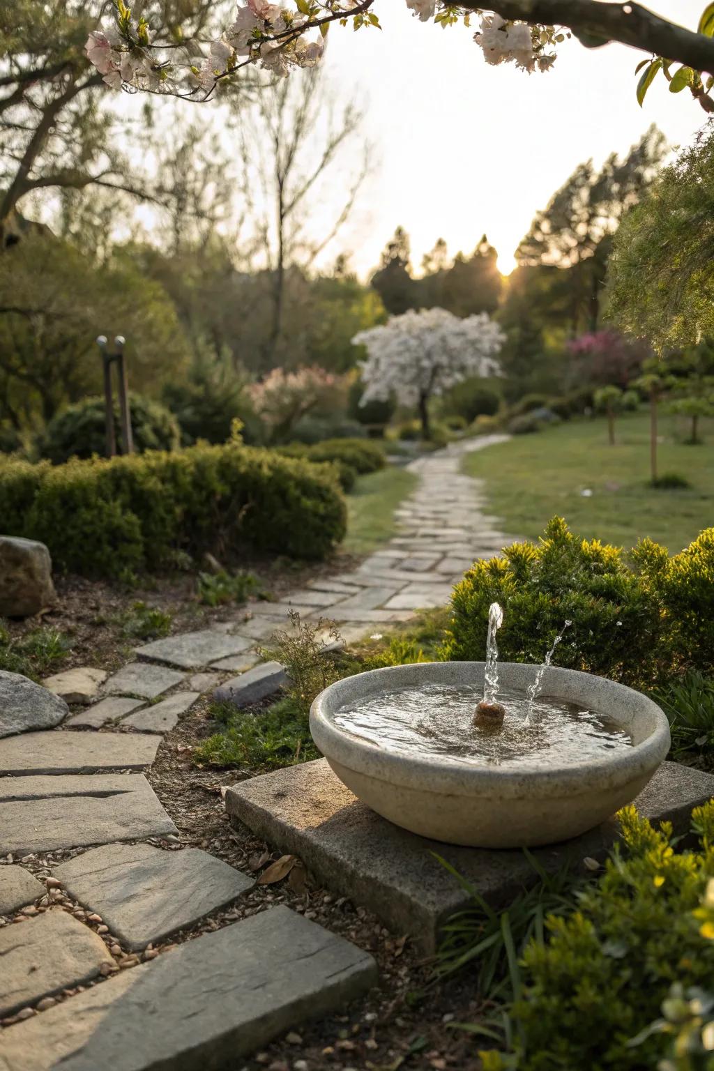 A streamlined ceramic bowl housing a solar fountain, adding a note of tranquility.