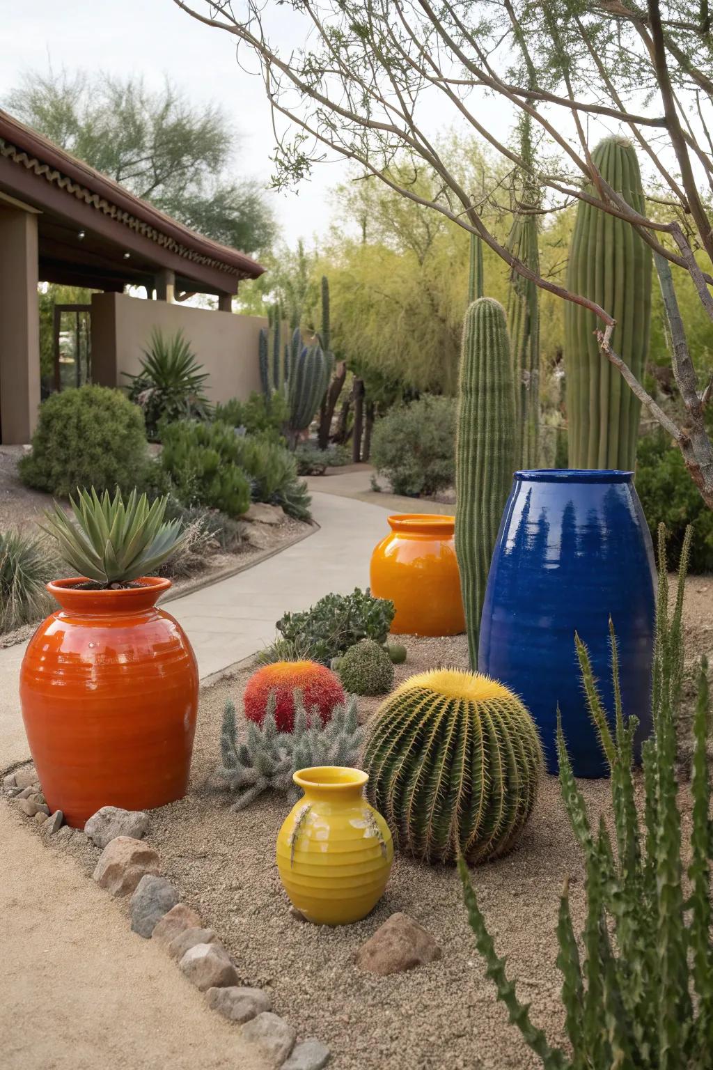 Vibrant pottery adds striking focal points to the garden.