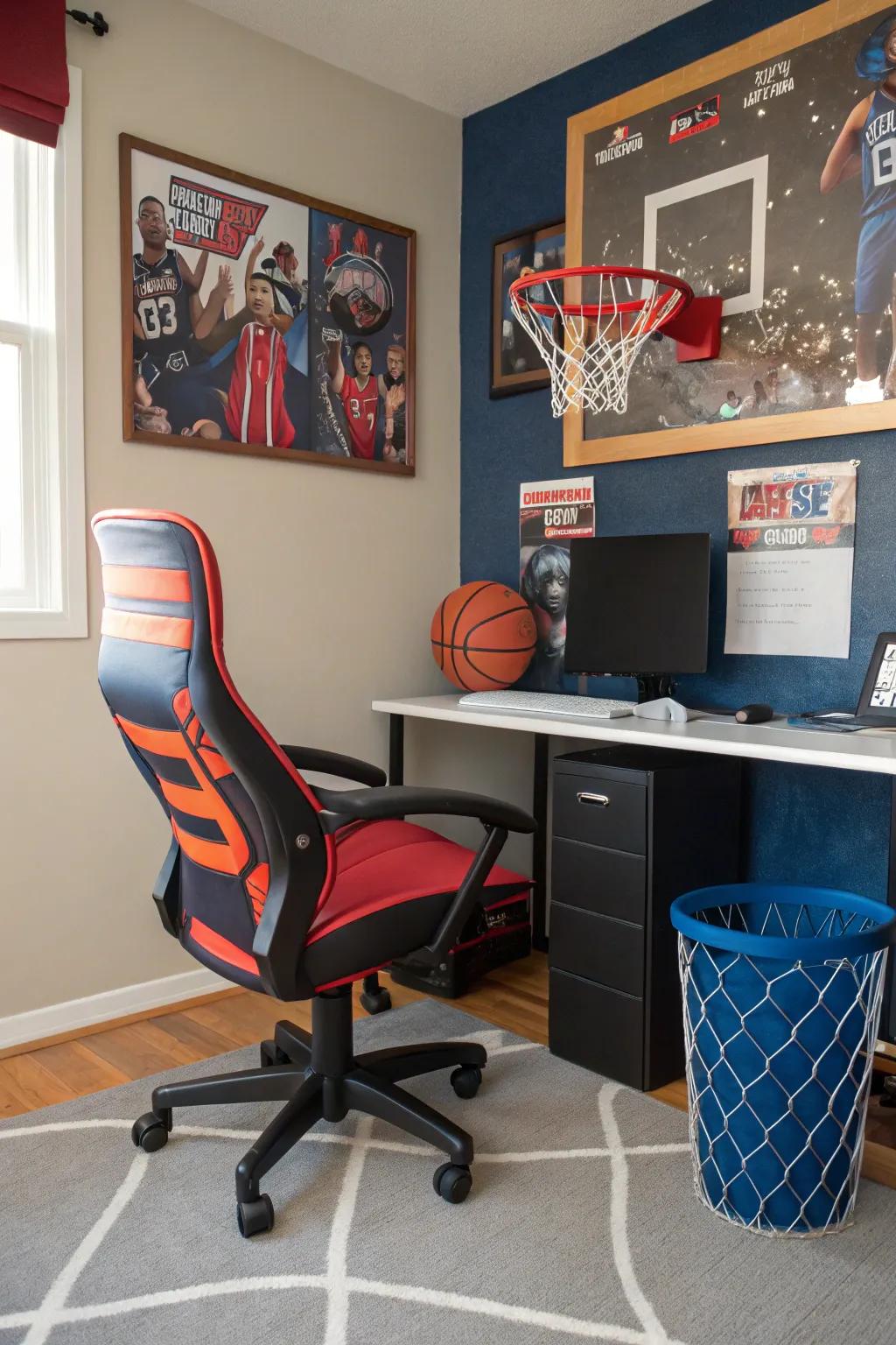 Sports-themed furniture fuses functionality with flair.