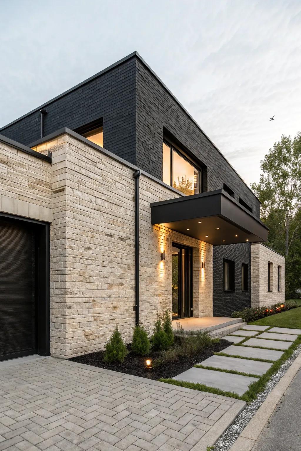 Dramatic elegance with black brick and light stone.