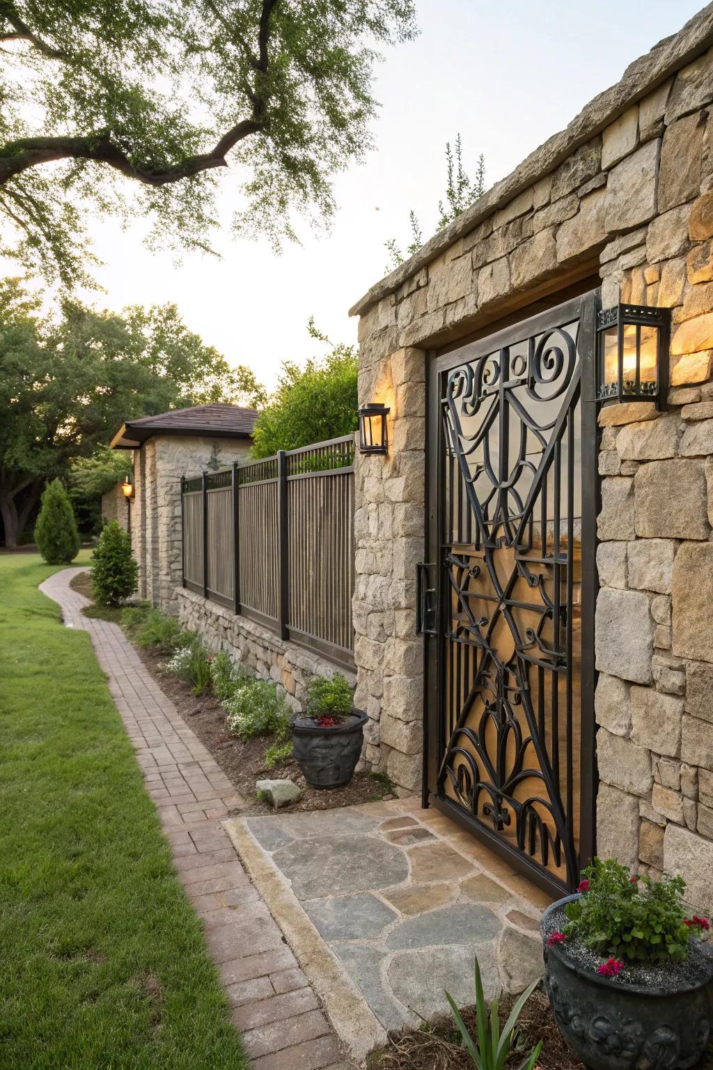 A rustic stone wall enhanced with sleek modern ironwork.