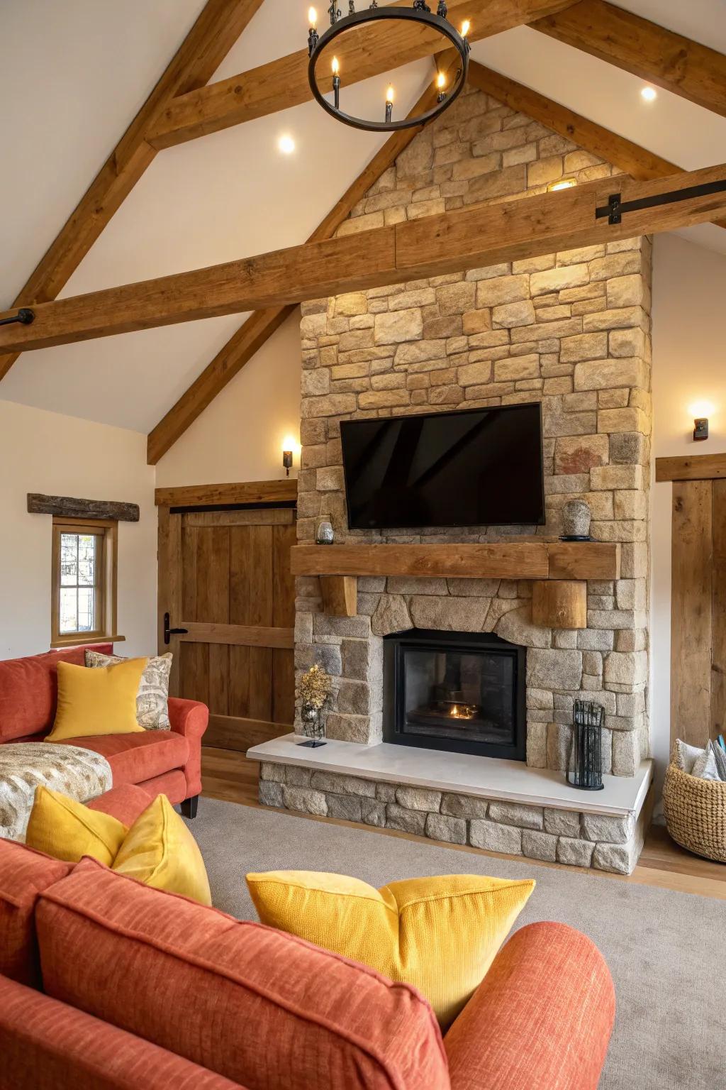 Timber supports impart warmth and uniqueness to your stone hearth and television arrangement.