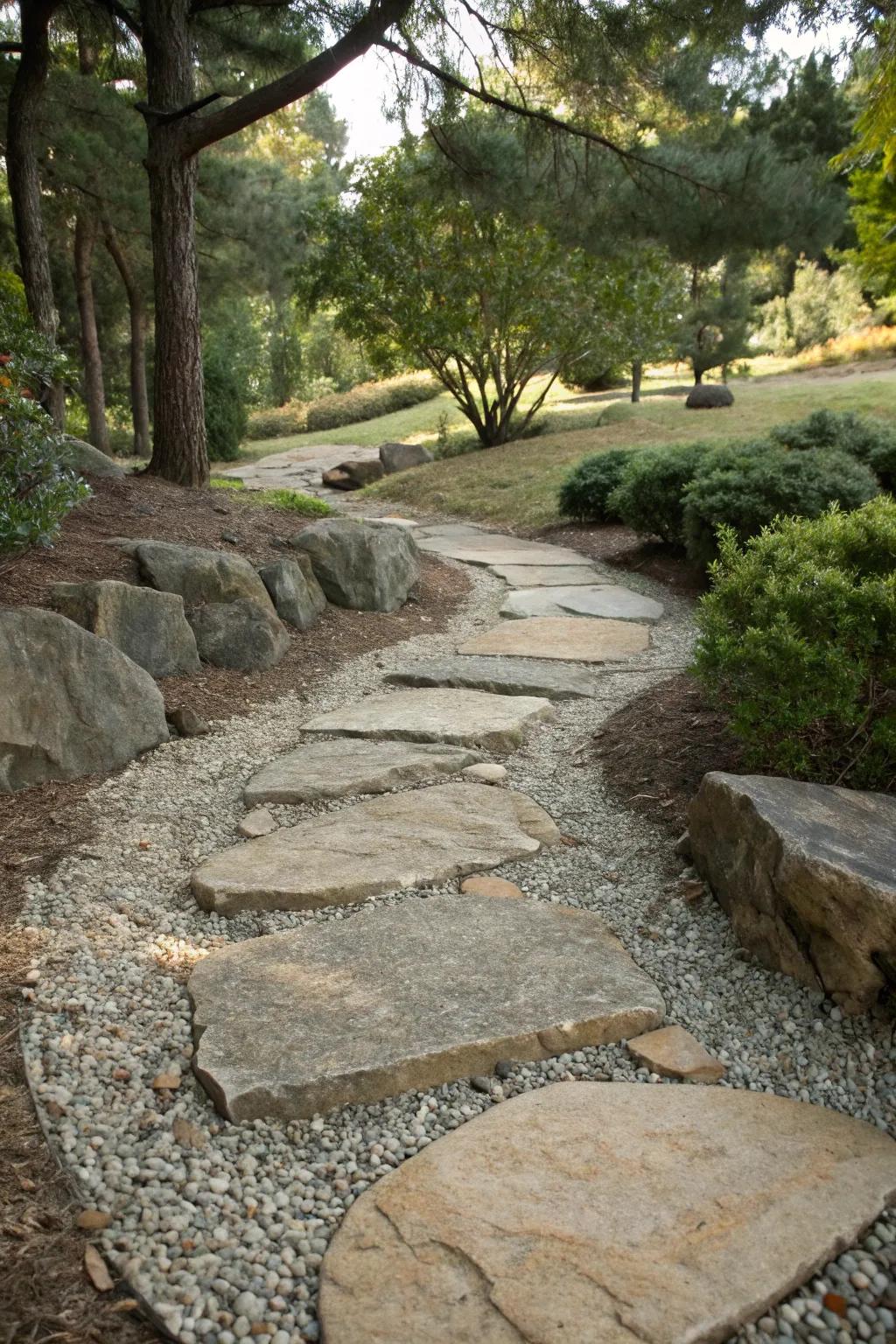 Granular rock introduces both feel and sound to your yard’s path.