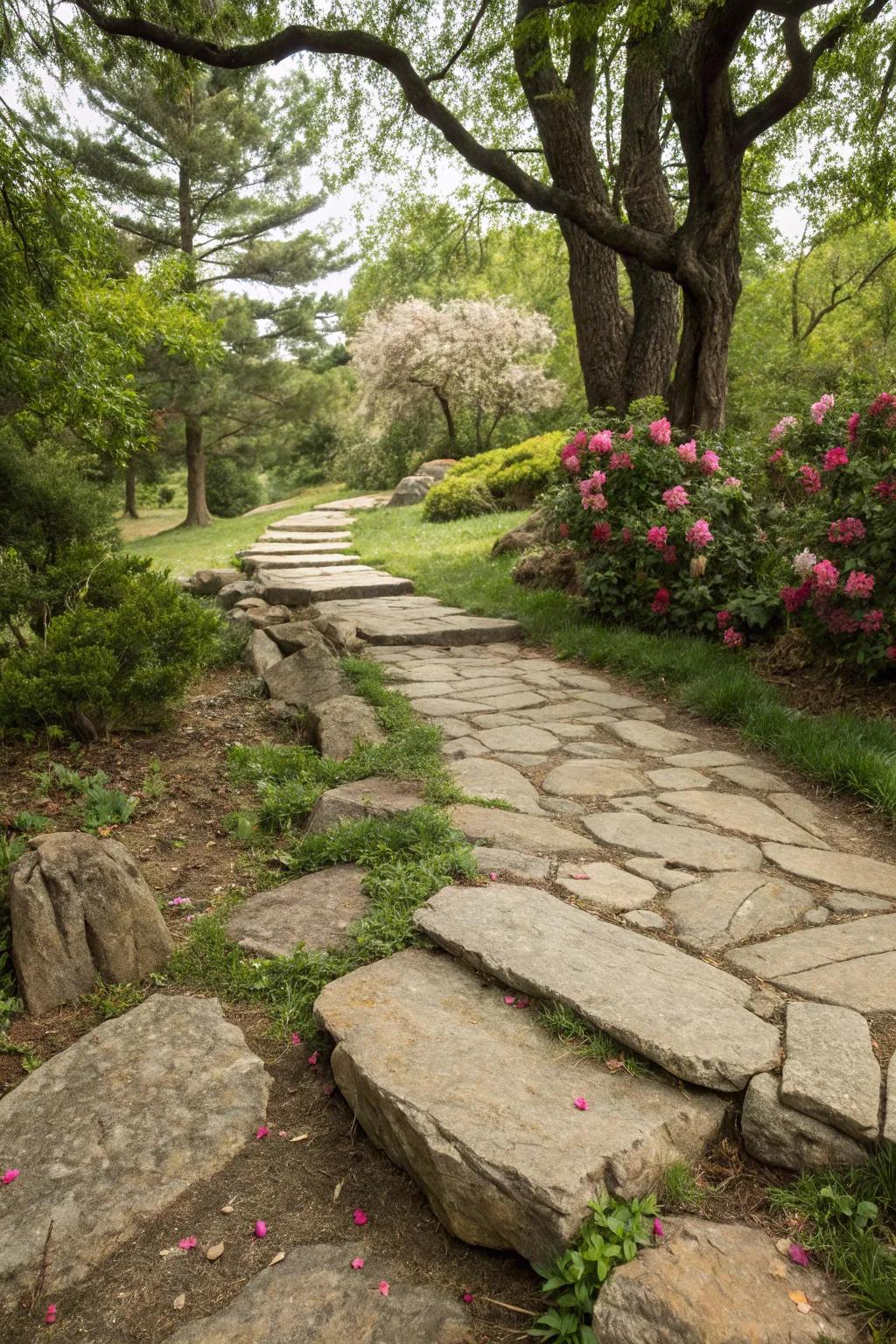 A rustic stone walkway with natural stones.