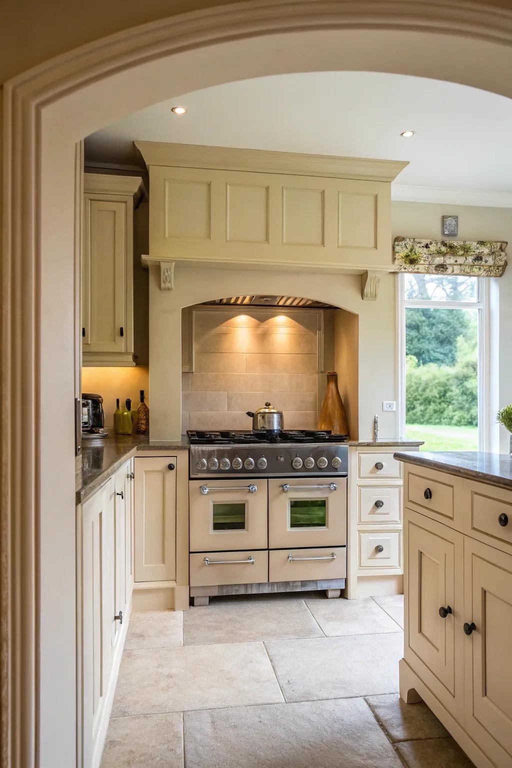 A serene stove alcove with neutral tones, offering a bright and airy kitchen atmosphere.