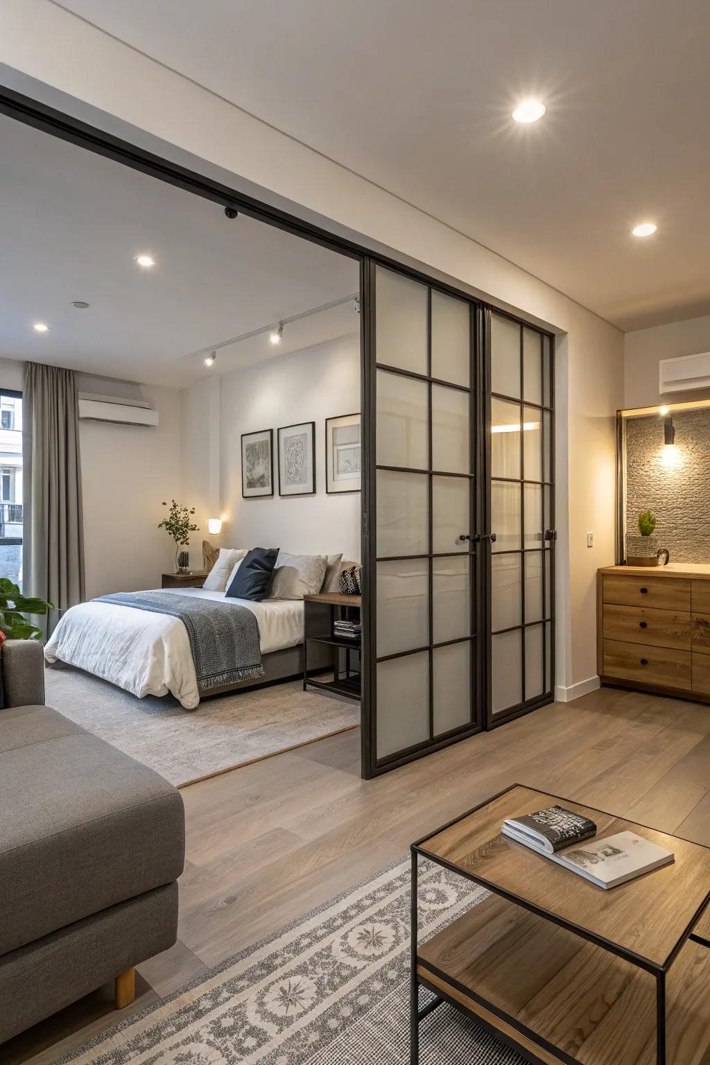 Sliding doors add privacy and flexibility to a studio layout.