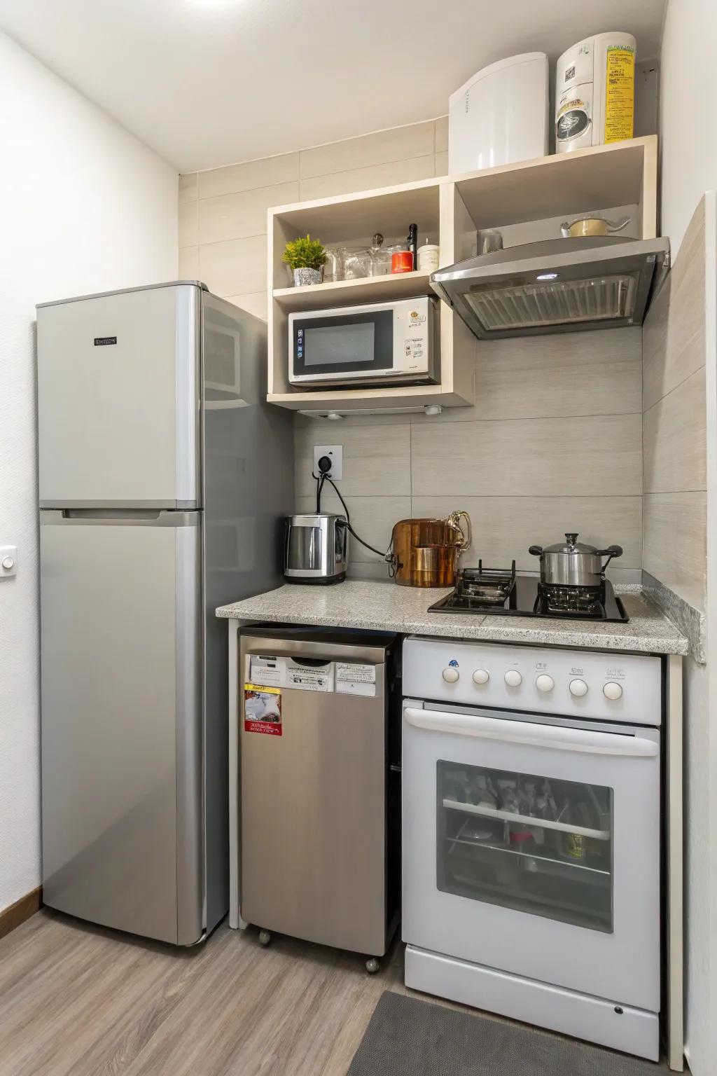 Compact appliances help maintain a spacious kitchen layout.