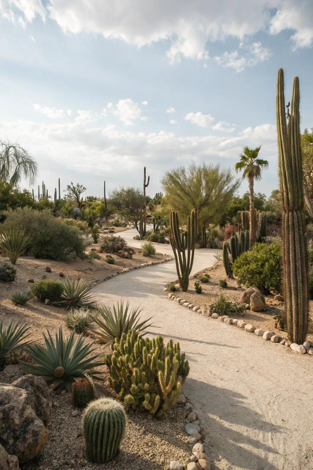 A desert-inspired garden with sand, gravel, and cacti creating a stunning landscape.