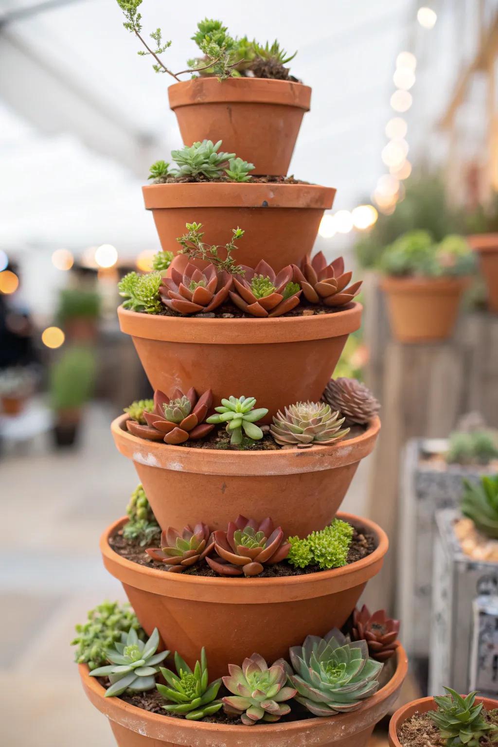 A terracotta tower adds vertical interest to any space.