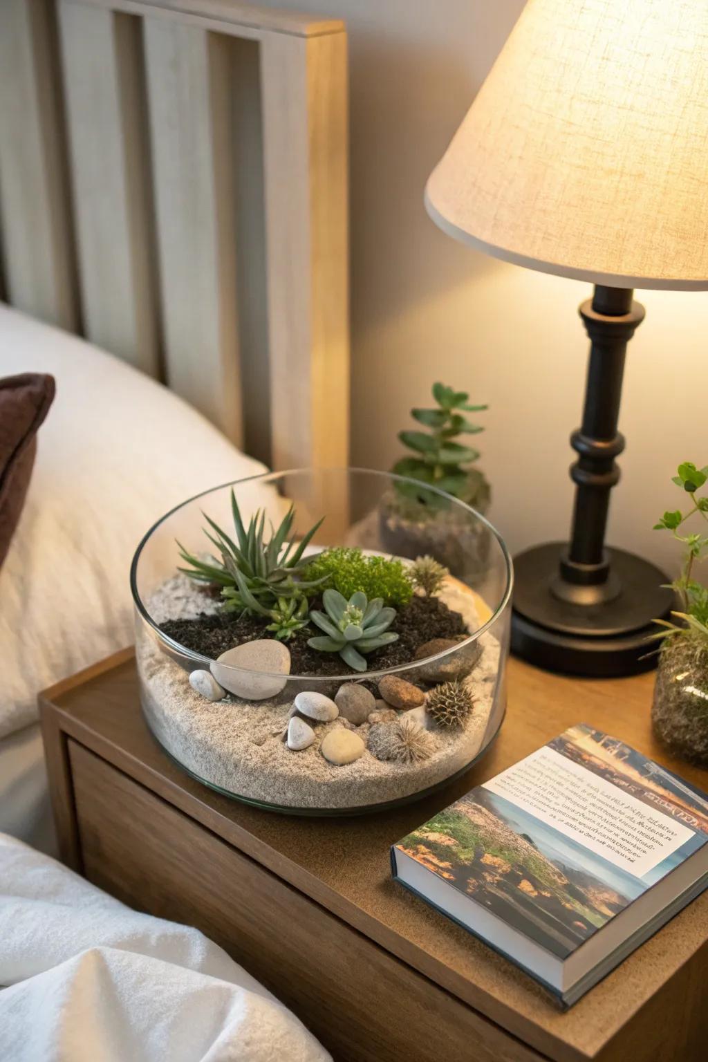 A calming zen garden terrarium for tranquility.