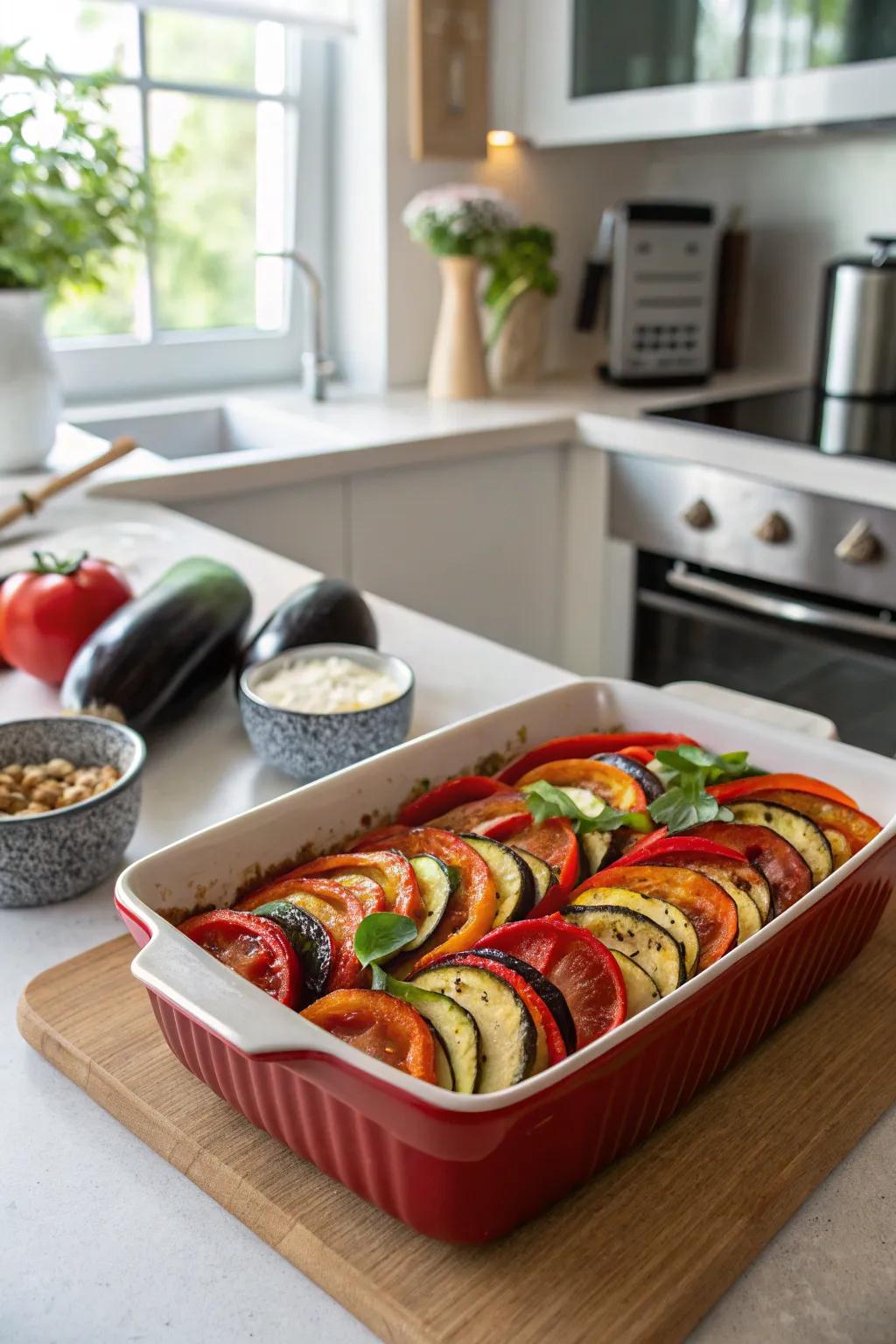 Vegetarian garden medley oven-baked dish, a colorful celebration of fresh produce.