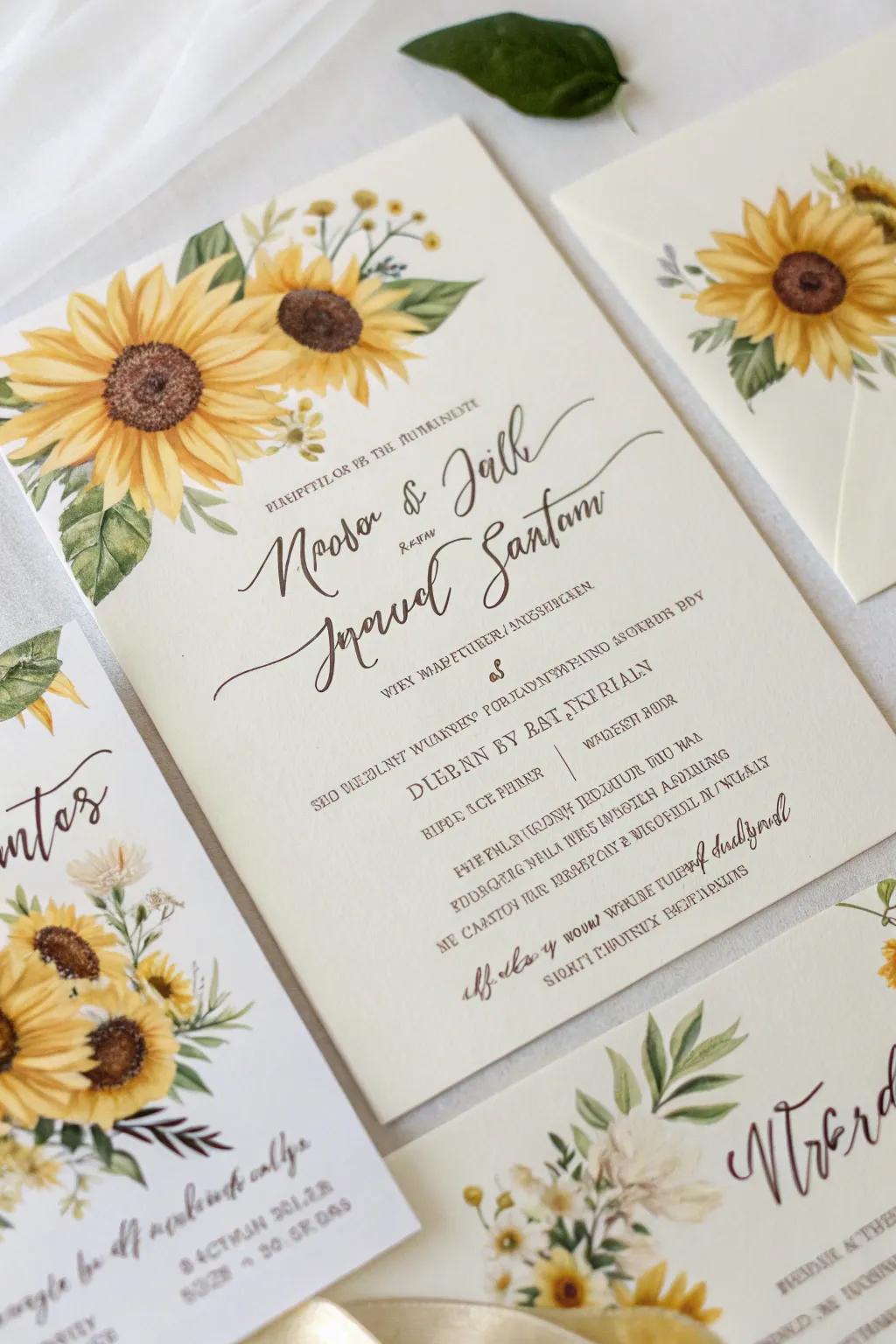 Wedding invitations gracefully designed with golden bloom motifs.