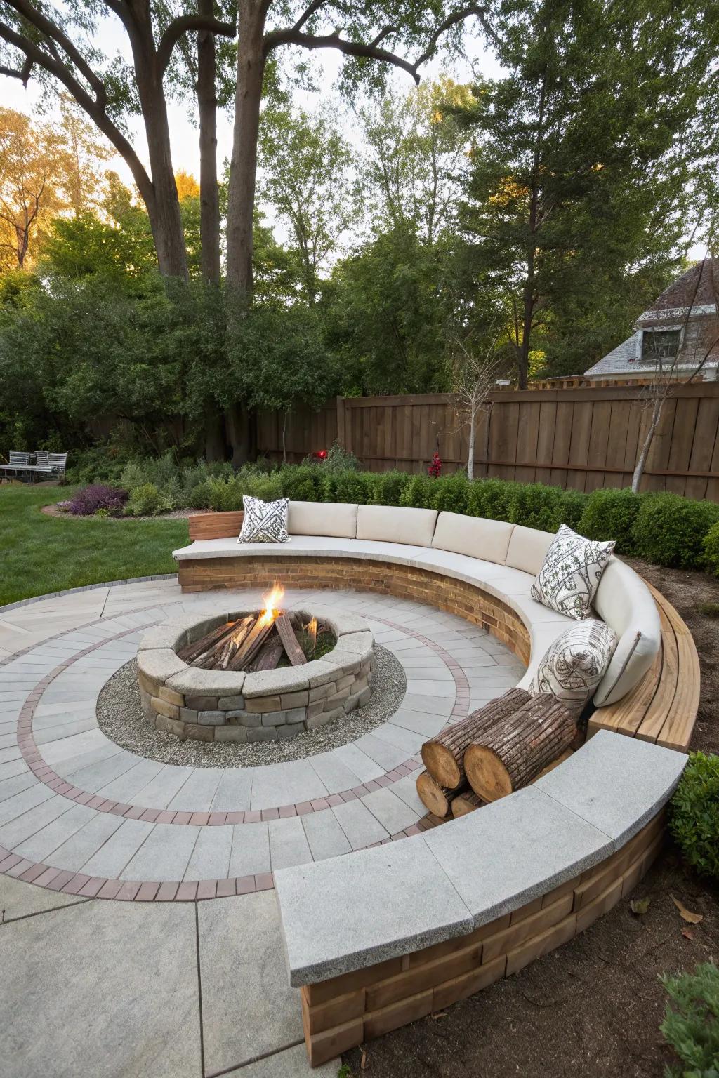 A round below-ground fire pit that welcomes discussion.