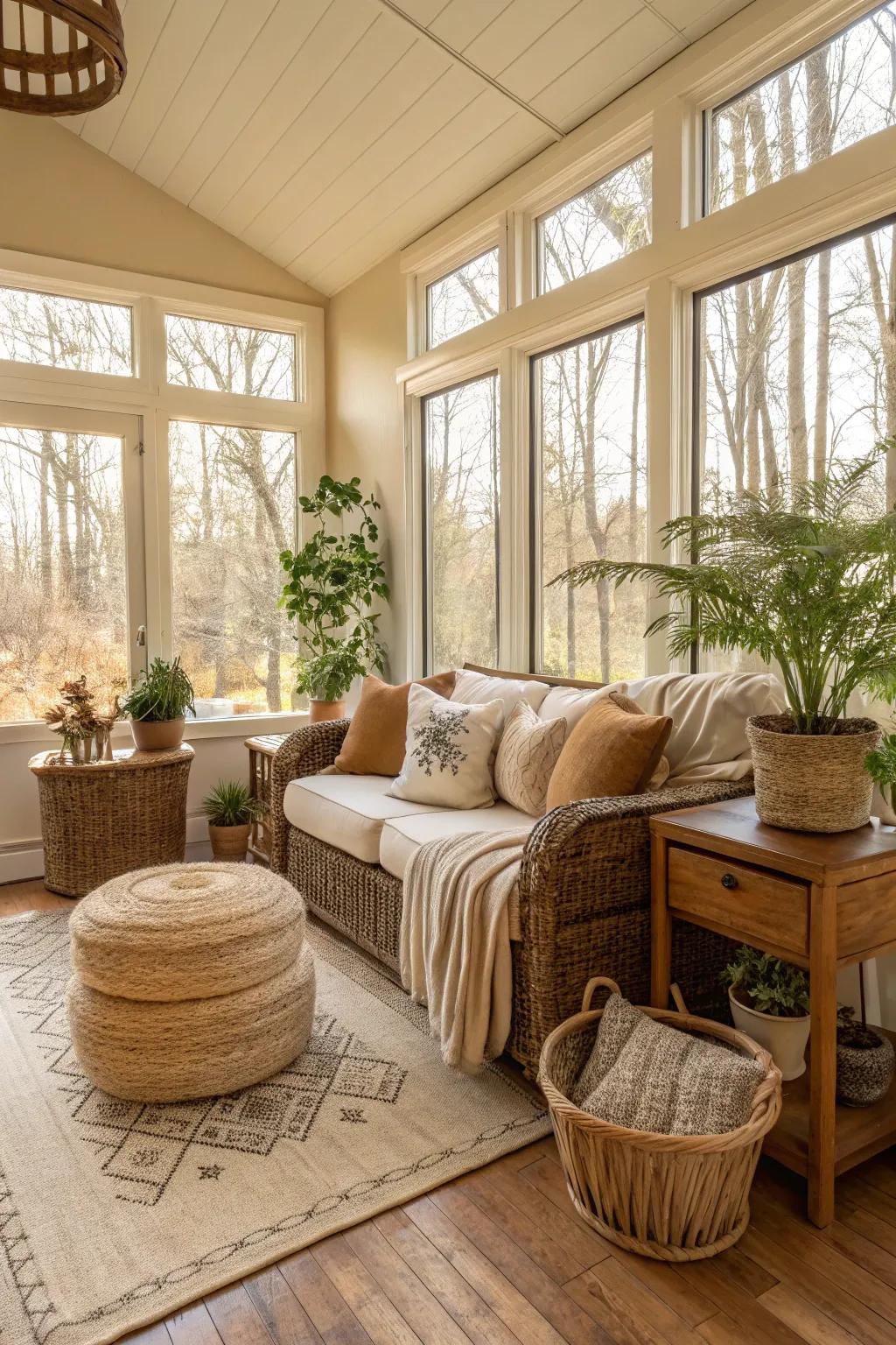 Tranquility in a sunroom created with neutral and earthy shades.