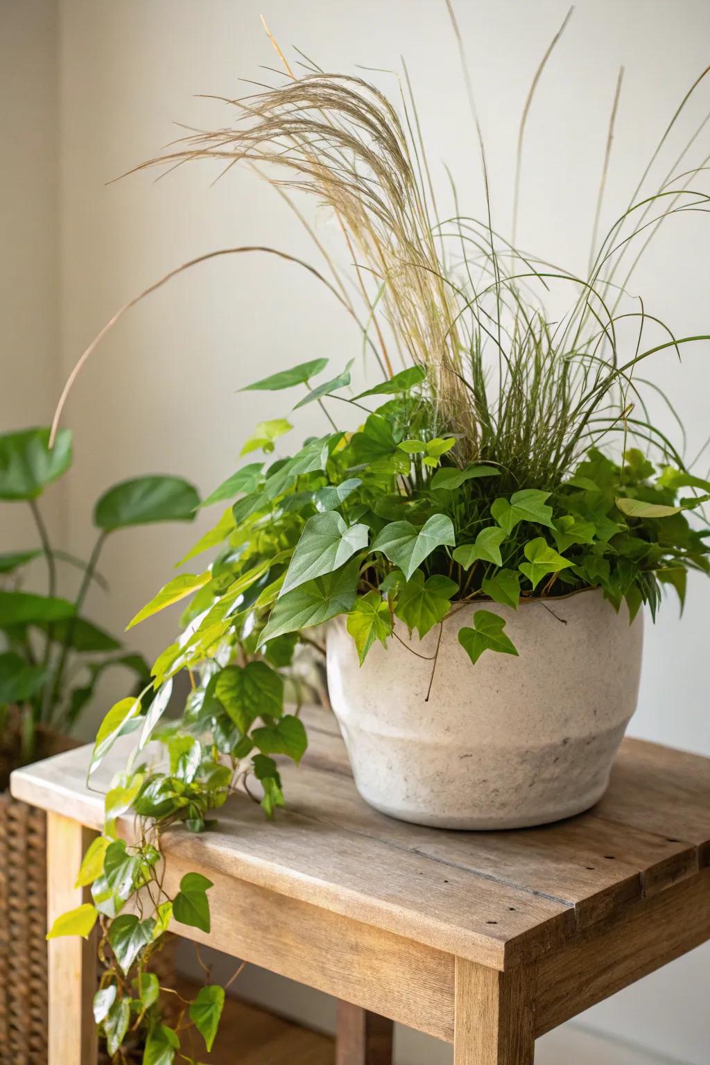 Nature's harmony: Sweet potato vines meet ornamental grasses in a serene, minimalistic planter.