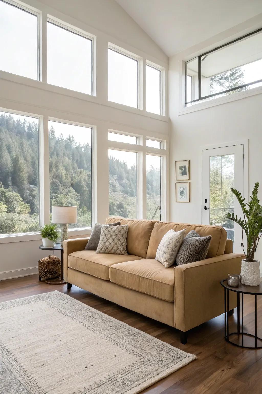 An open layout with a tan couch invites relaxation.