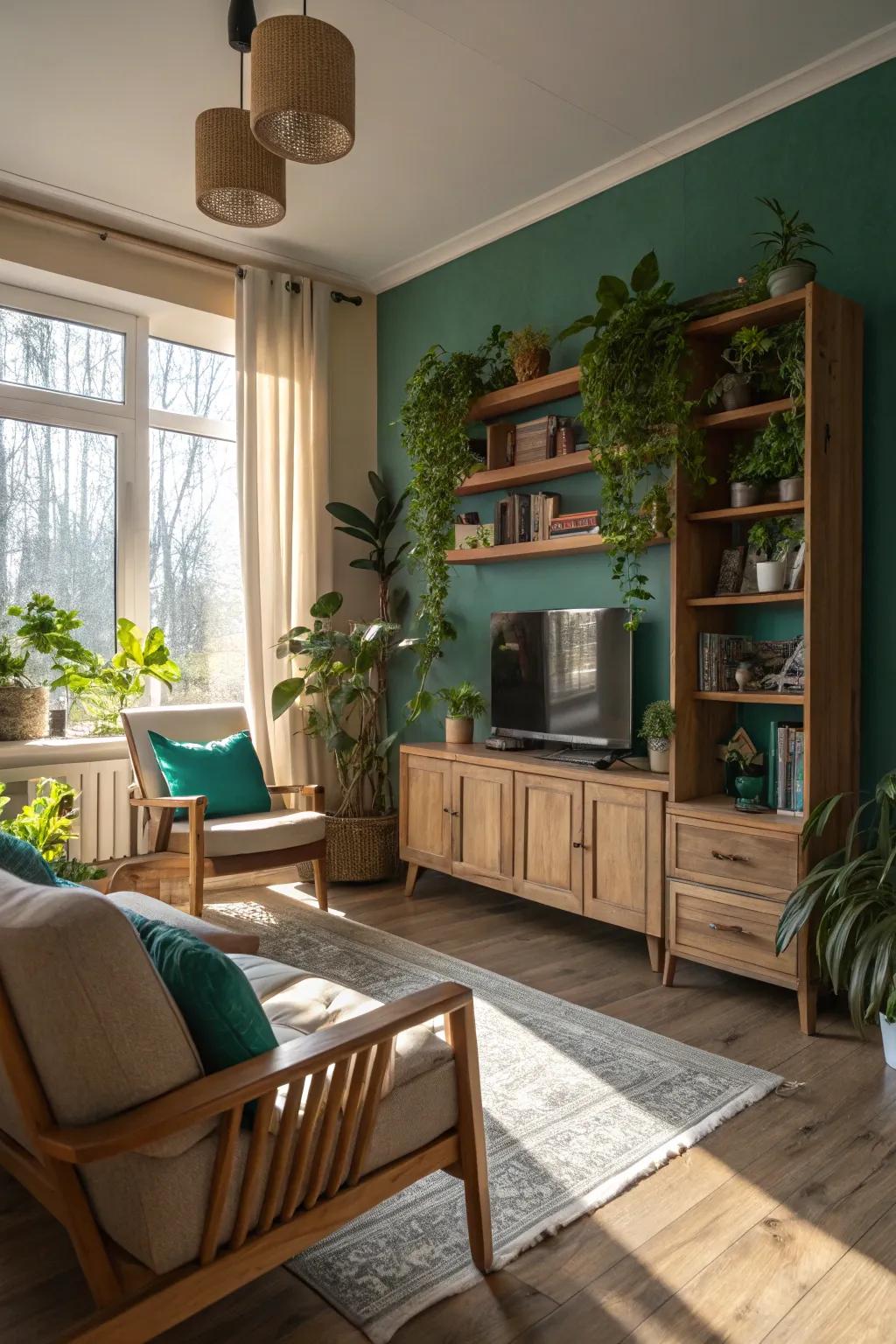 Natural elements like wood and plants perfectly complement teal and beige.