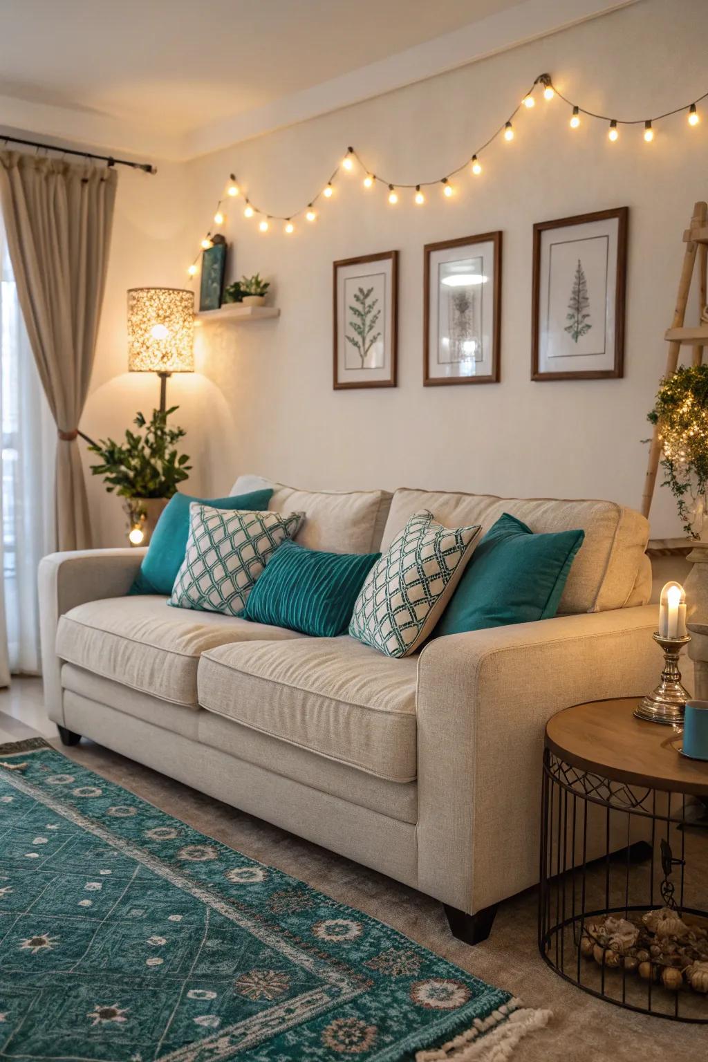 Teal cushions provide a pop of color and texture in a subtle manner.