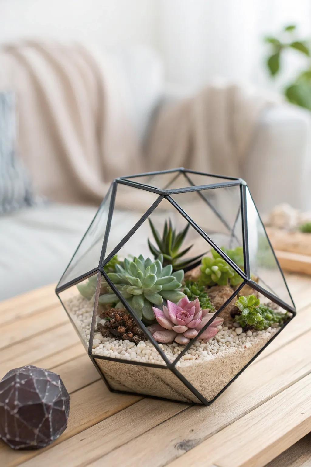 Elevate your space with this chic geometric terrarium – where modern design meets natural beauty.