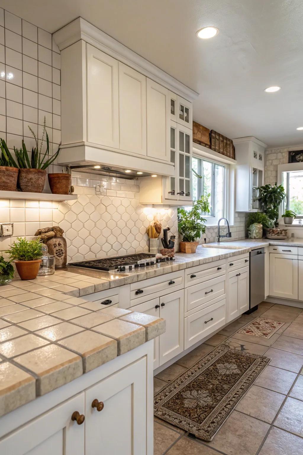 Coordinated tiles enhance the harmony of this kitchen space.