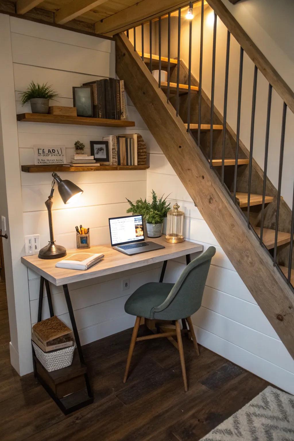 Utilizing the space beneath stairs can fashion a distinctive and private office corner.