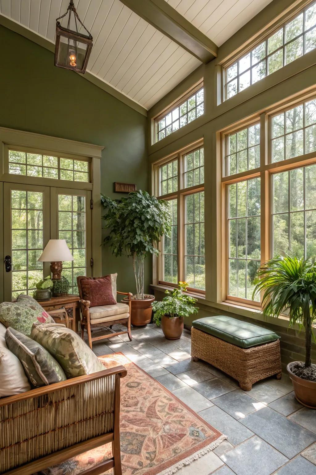 Olive green walls in a sunroom that seamlessly blend with nature.