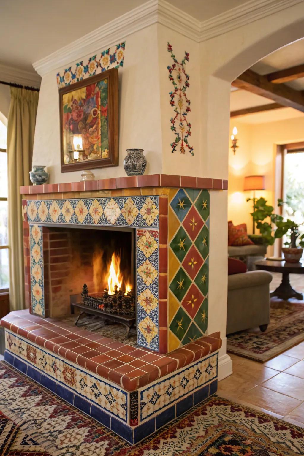 A vibrant tiled hearth enlivens the fireplace.