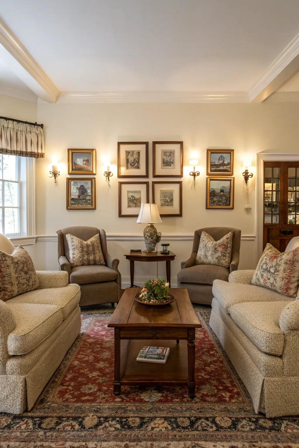 Symmetrical layouts contribute harmony to this traditional family room.