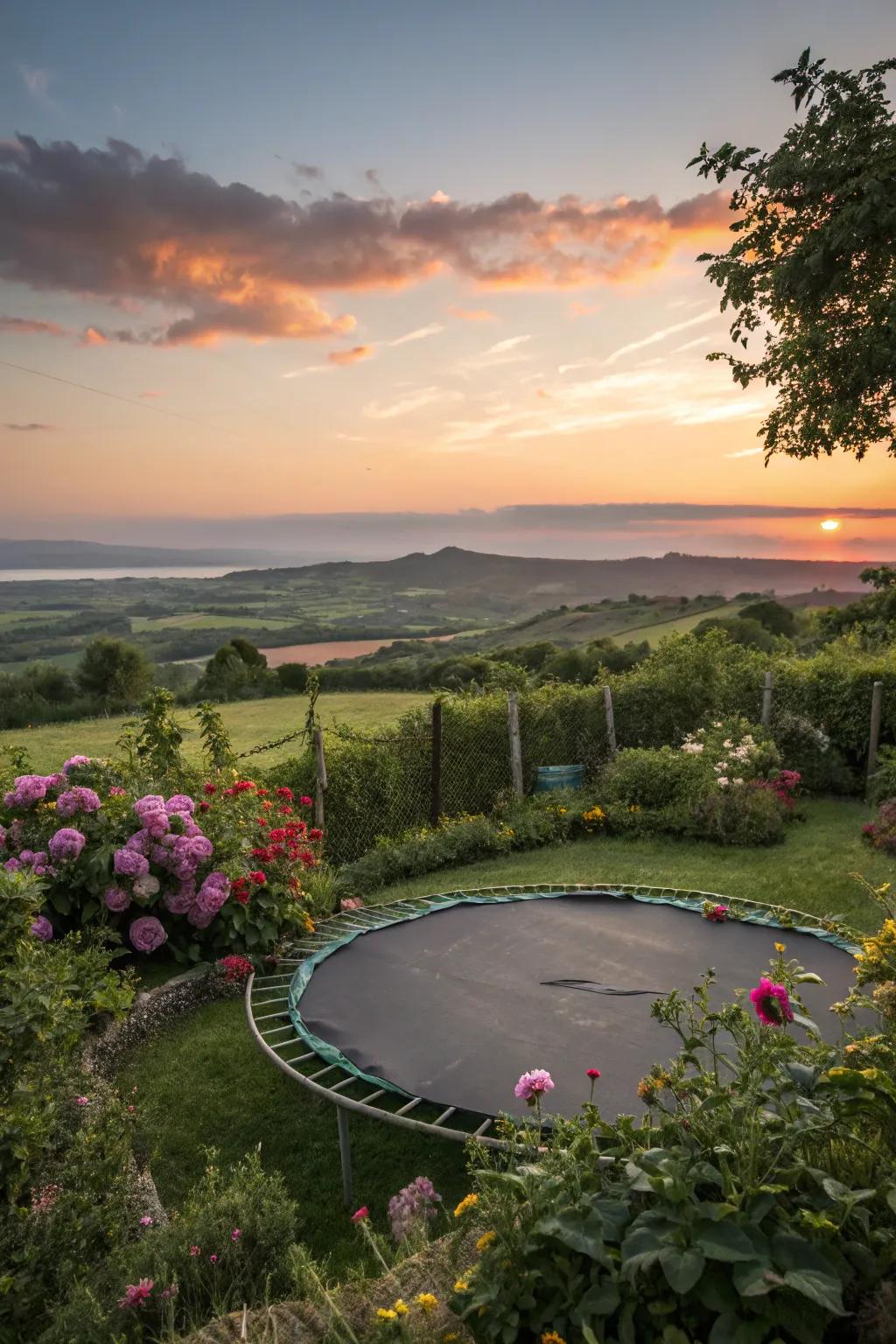 A bounce platform strategically positioned to offer stunning garden views.