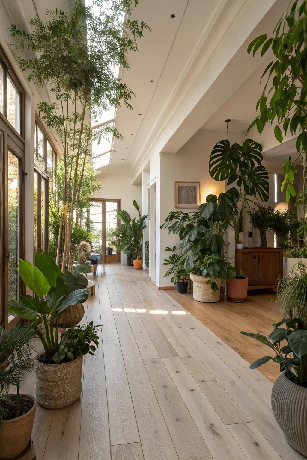 Natural wood floors and plants add warmth.