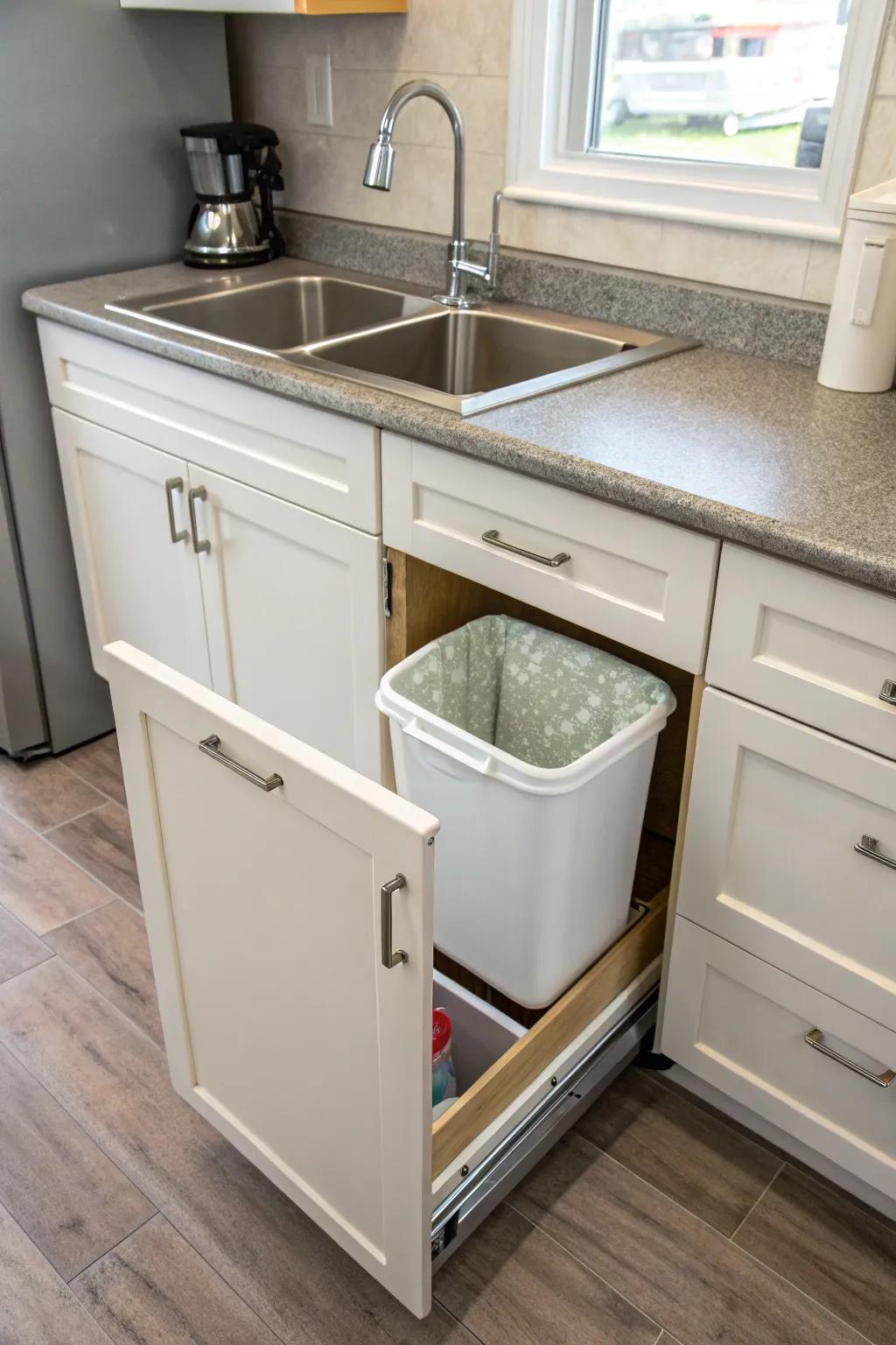 A compact kitchen featuring a space-saving pull-out trash can.
