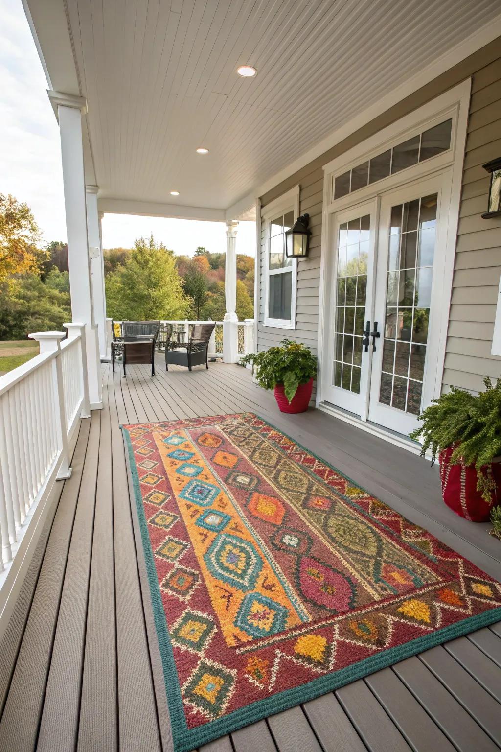 Add warmth to your porch with a vibrant outdoor rug.