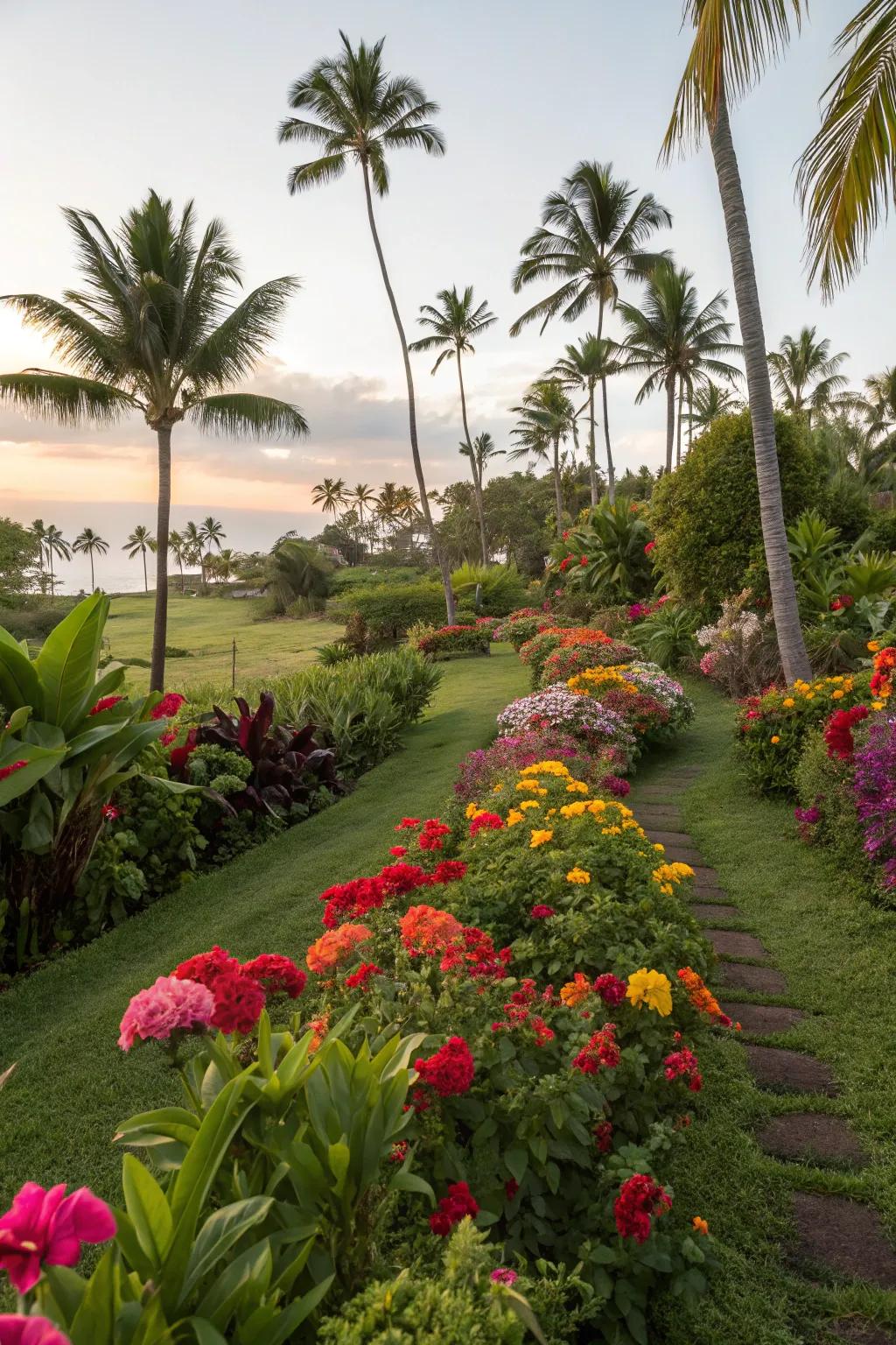 An explosion of hues from tropical flowers, amplifying the garden's vibrancy.