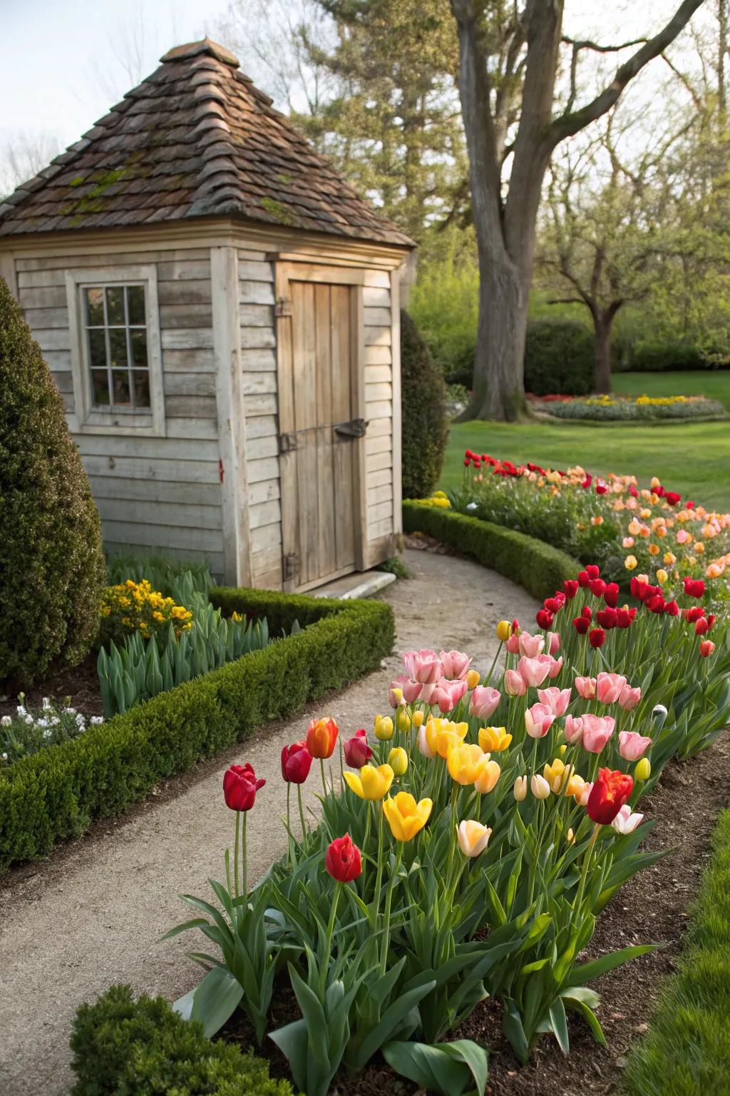 Tulips planted around a garden shed, enhancing its architectural beauty.