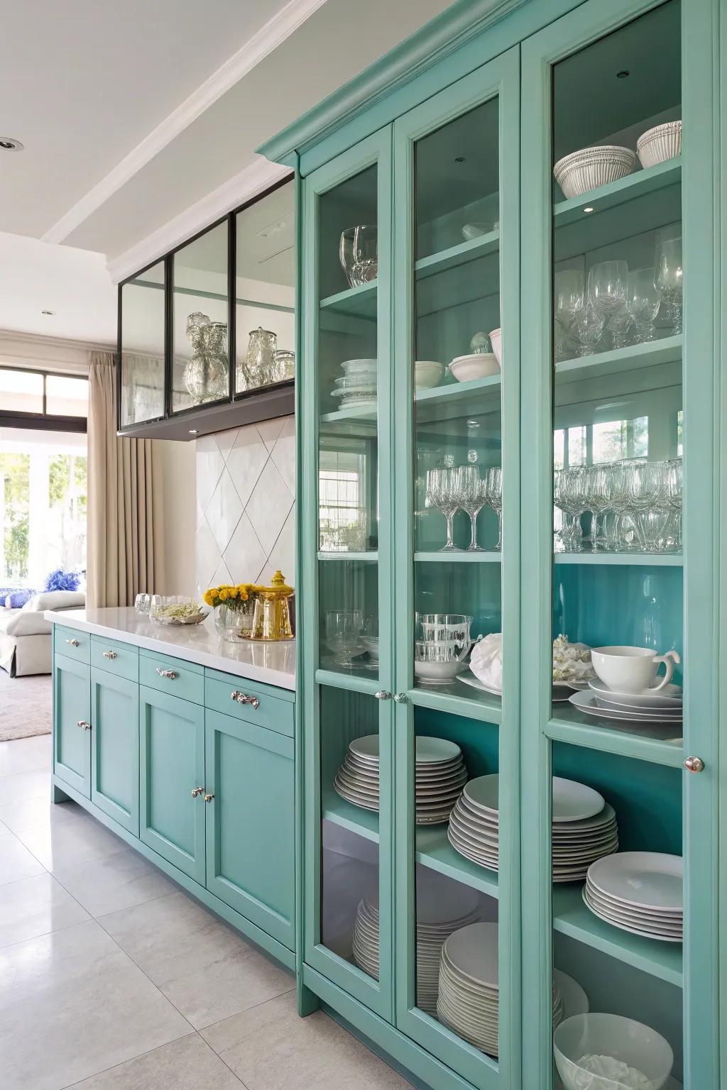 Glass-fronted cupboards exhibiting tableware within a turquoise kitchen.