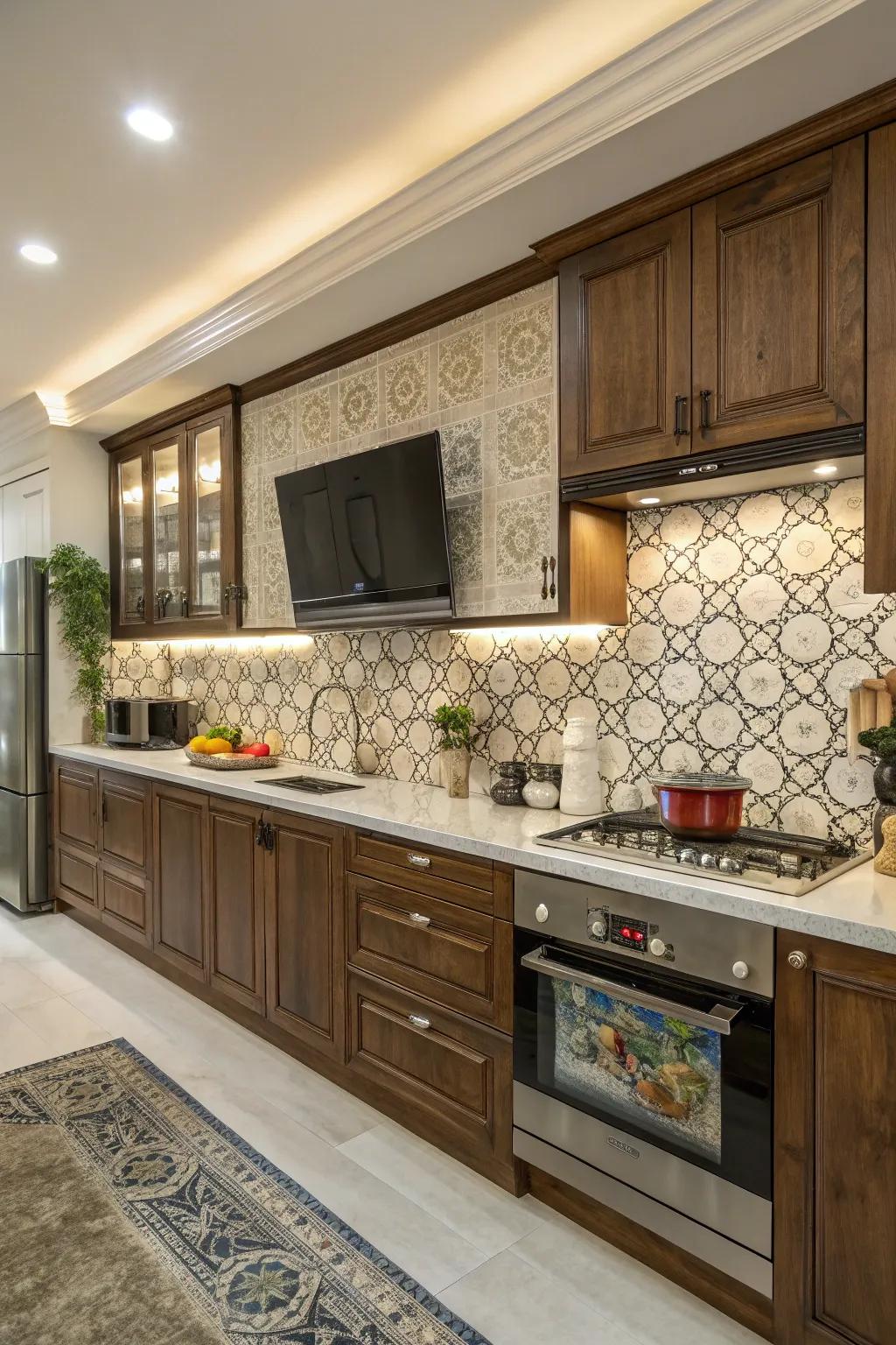 A kitchen where the TV complements both modern and traditional elements.