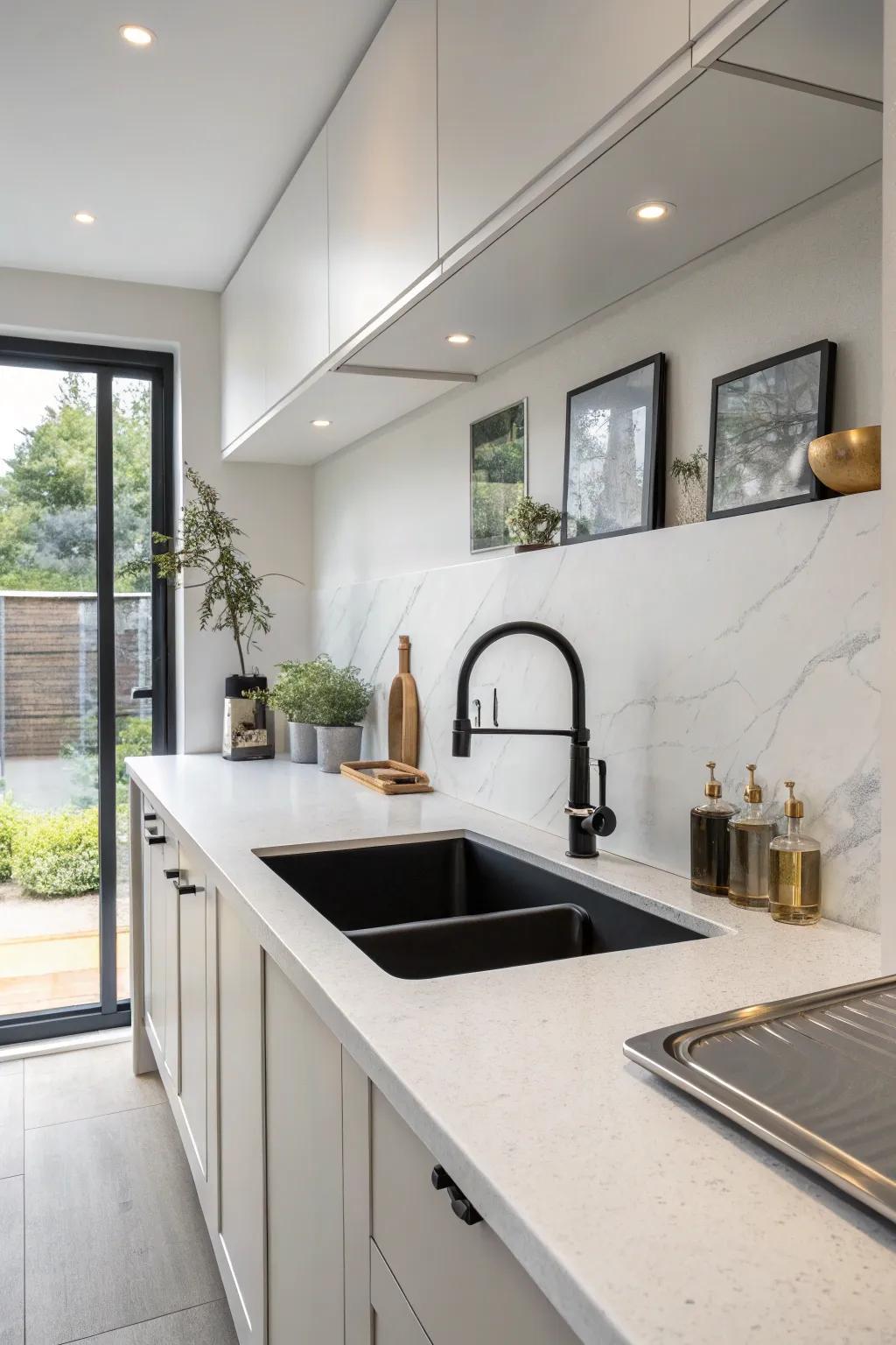 A single basin undermount sink providing simplicity in a minimalist kitchen.